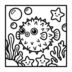 Round pufferfish with spines and a surprised face, floating among bubbles, seaweed, and smiling starfish.