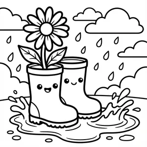 Cute smiling rain boots standing in a water splash puddle with a daisy flower growing out of the boot line art coloring page.