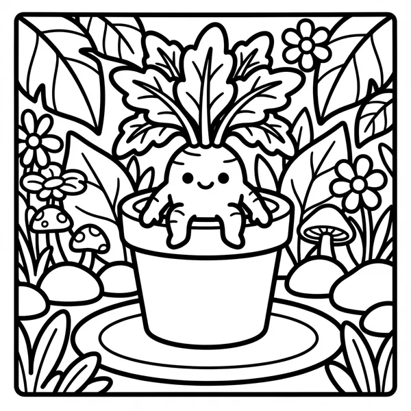 Cute root vegetable sprouting from a pot.