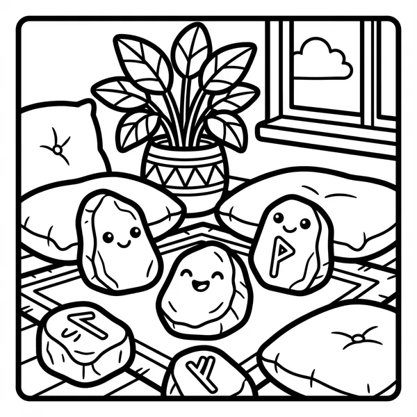 Smiling rune stones on a cozy mat.