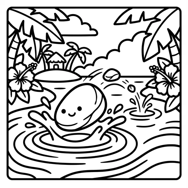 A happy rock skipping and splashing in a pond, creating concentric ripple rings, with a tropical hut, palm trees, clouds, and hibiscus flowers in the background.