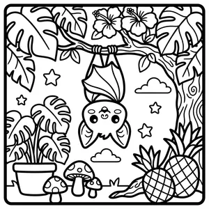 An adorable bat hanging upside down from a tree branch with a happy face, surrounded by stars, clouds, mushrooms, and leaves.