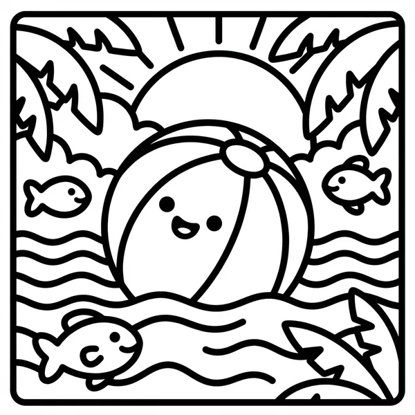Smiling beach ball in the waves, a perfect easy color-in pages wide lines choice.