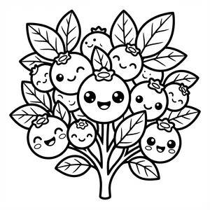 Cute cluster of smiling blueberries growing on a leafy bush branch line art coloring page.
