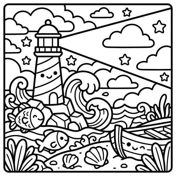 Smiling lighthouse shining a beam.