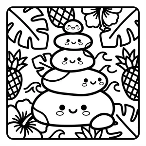 A stack of five smooth, balanced rocks featuring a progression of cute, smiling faces, set between tropical leaves and framed by pineapples on the sides.