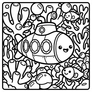 Smiling Submarine Coloring Page Smiling submarine exploring the ocean, inside a rounded square frame.
