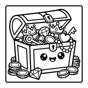 Smiling Treasure Chest Coloring Page Smiling treasure chest full of gold, designed as easy color-in pages wide lines for kids.