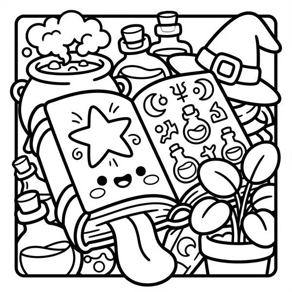 Magical spellbook surrounded by potion bottles.