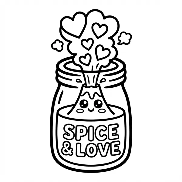Cute glass jar labeled Spice and Love with a smiling face, erupting a plume of hearts.