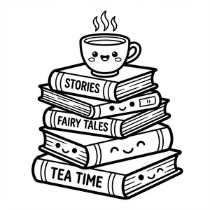 Stack of cozy books with funny smiling faces titled Stories, Fairy Tales, and Tea Time topped with a steaming teacup line art coloring page.