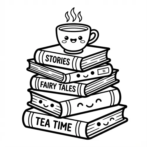 Stack of cozy books with funny smiling faces titled Stories, Fairy Tales, and Tea Time topped with a steaming teacup line art.