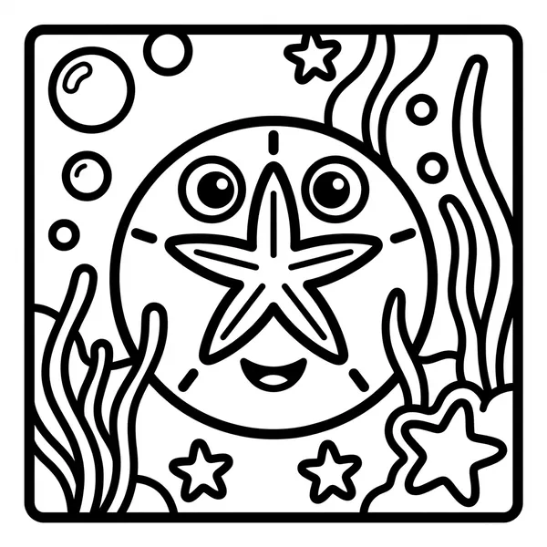 Starfish sitting on a round clock face, inside a rounded square frame.