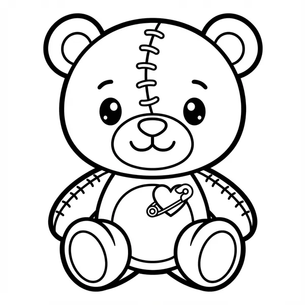 Cute stitched teddy bear with a heart safety pin.