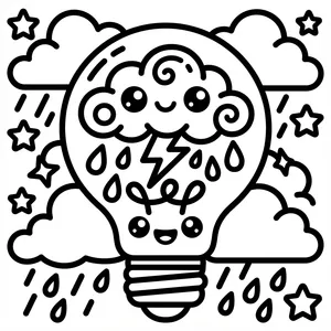 Smiling lightbulb with a stormy cloud inside.