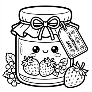 Cute smiling glass mason jar of strawberry jam with cloth lid, bow ribbon, and label tag surrounded by fresh strawberries line art coloring page.