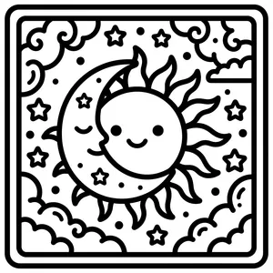 Sun and Moon Eclipse Coloring Page Cute sun and moon eclipse scene.