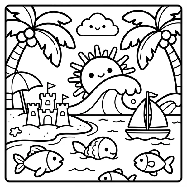 Sunny beach scene with palm trees, a sandcastle, and a sailboat.