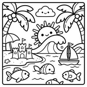 Sunny beach scene with palm trees, a sandcastle, and a sailboat.