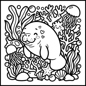 Sweet manatee surrounded by hearts and jellyfish.