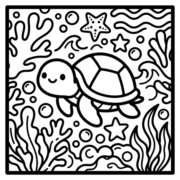 Smiling sea turtle swimming among seagrass, starfish, and bubbles, inside a rounded square frame.