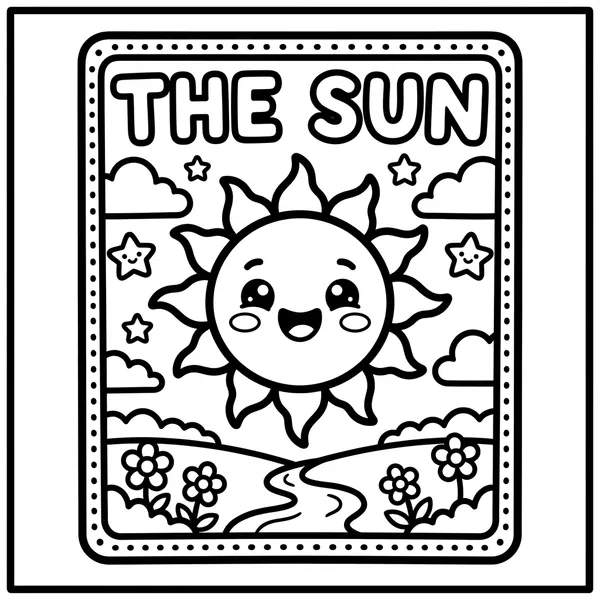 Happy sun surrounded by clouds and flowers, designed as easy color-in pages wide lines for kids.
