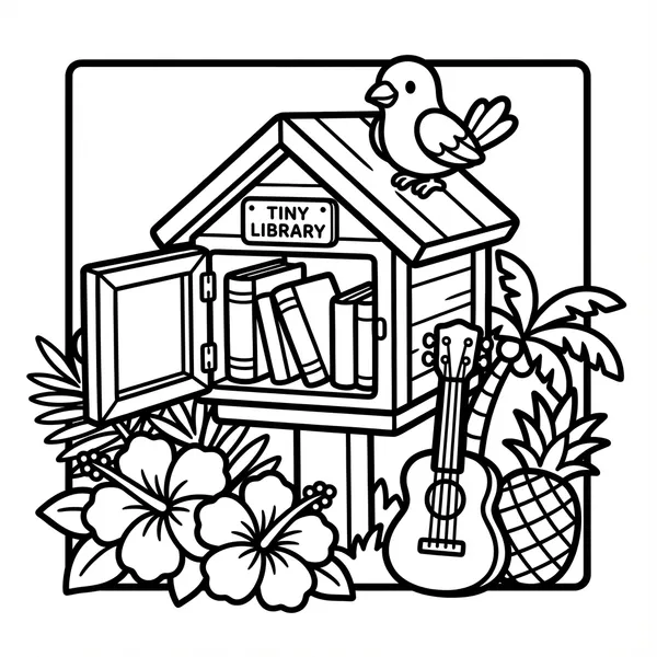A wooden "Tiny Library" box with its door open to reveal books, a bird perched on the roof, surrounded by an acoustic guitar, pineapple, and flowers.