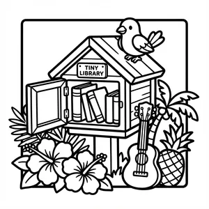 A wooden "Tiny Library" box with its door open to reveal books, a bird perched on the roof, surrounded by an acoustic guitar, pineapple, and flowers.