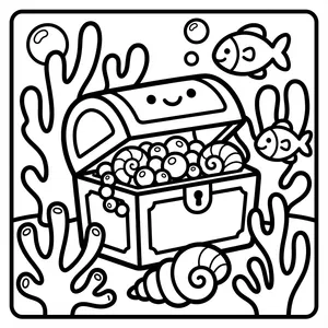 Smiling open treasure chest filled with pearls and shells.