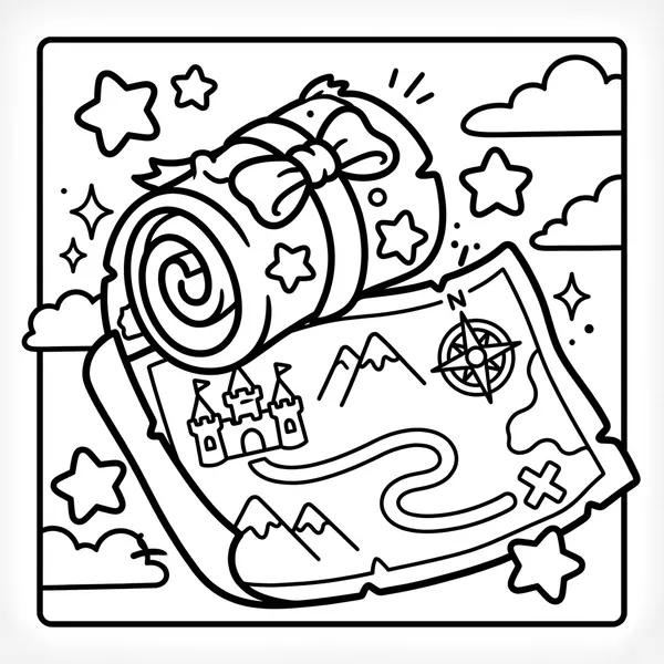 Unrolled treasure map scroll with a castle.