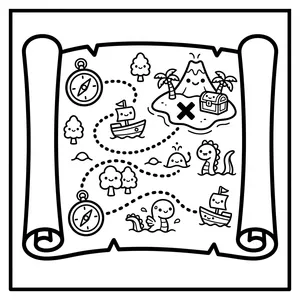 Old treasure map scroll with cute islands, compasses, and an X marking the spot.