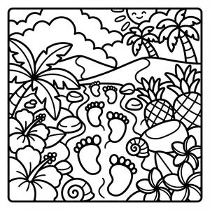 Human footprints trailing across the sand on a tropical beach, surrounded by a smiling sun, palm trees, hibiscus, pineapples, and seashells.