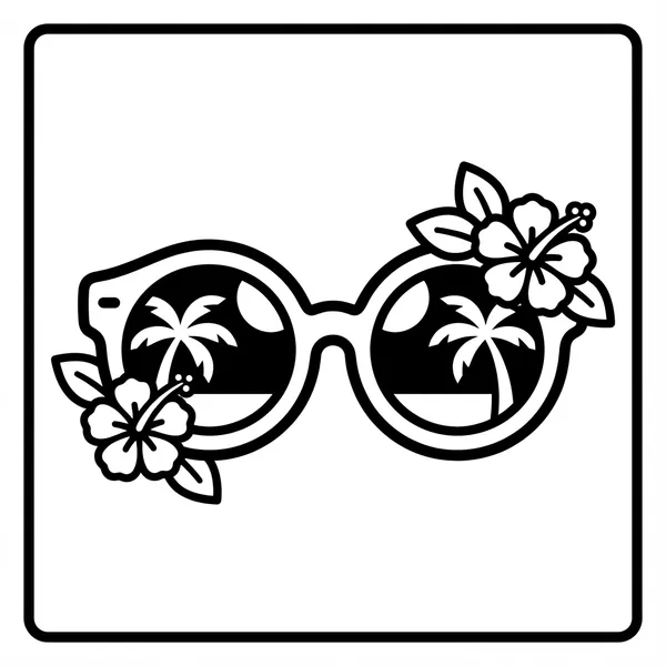 A pair of round sunglasses reflecting palm trees and the horizon, decorated with hibiscus flowers on the sides.