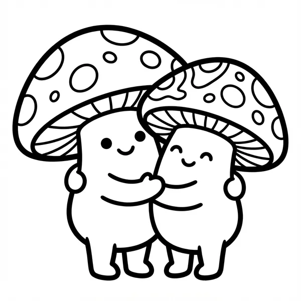 Two cute smiling polka dot mushroom characters giving each other a warm hug line art coloring page.