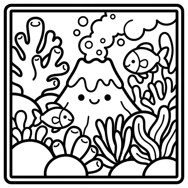 Cute underwater volcano erupting bubbles, surrounded by fish.