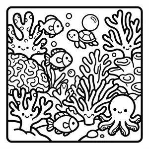 A vibrant coral reef scene with cute fish.