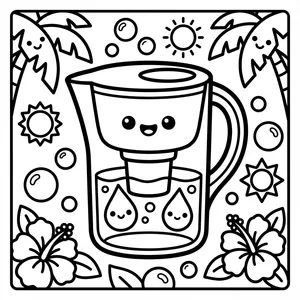 A water filter pitcher with a smiling face, showing smiling water droplets inside, surrounded by bubbles, palm trees, sun, and hibiscus.