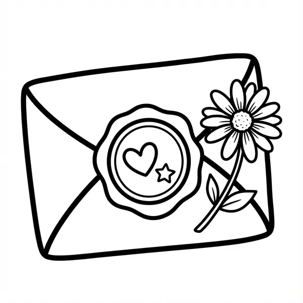 Cute cottagecore mail envelope closed with a heart wax stamp seal next to a daisy flower line art coloring page.