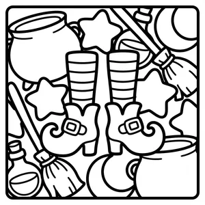Striped witch boots surrounded by potions.