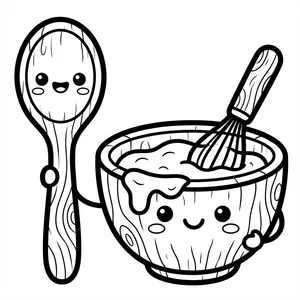 Cute smiling wooden mixing bowl filled with batter, holding a wire whisk, and standing next to a smiling wooden spoon line art coloring page.