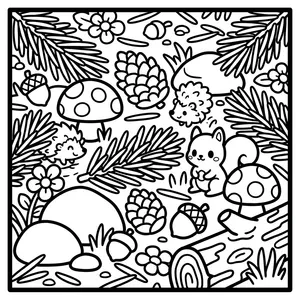 A dense woodland scene featuring a cute squirrel, a hedgehog, mushrooms, pine cones, acorns, and fir tree branches.
