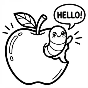 Cute smiling inchworm waving and popping out of a bite in a fresh apple saying HELLO in a speech bubble line art coloring page.