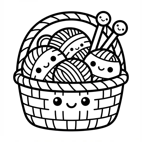 Cute smiling woven basket filled with soft balls of yarn and cute smiling wooden knitting needles line art coloring page.