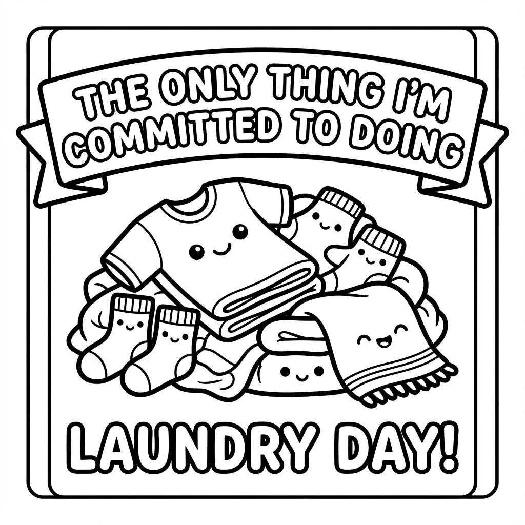 Kawaii pile of clothes and socks with smiling faces under text THE ONLY THING IM COMMITTED TO DOING LAUNDRY DAY!.