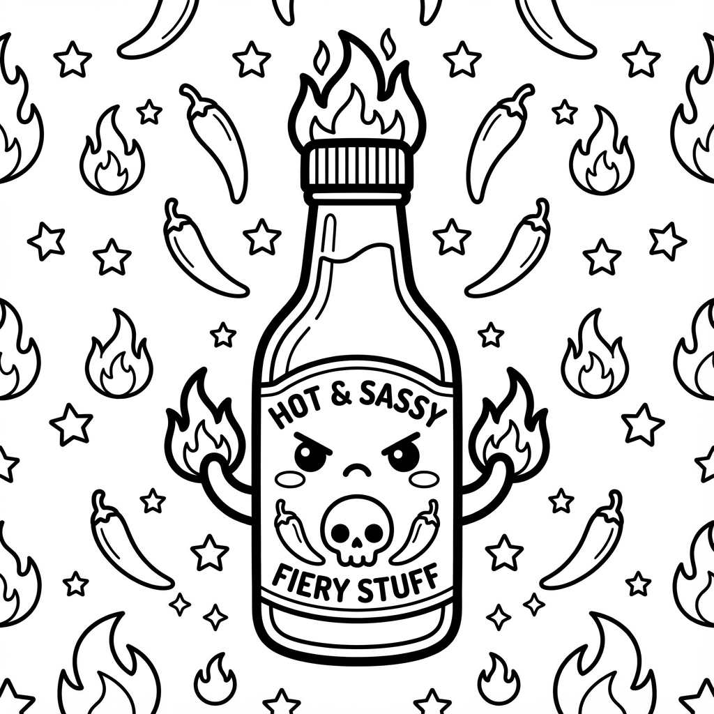 Angry kawaii hot sauce bottle with flaming cap labeled HOT & SASSY FIERY STUFF surrounded by chili peppers.