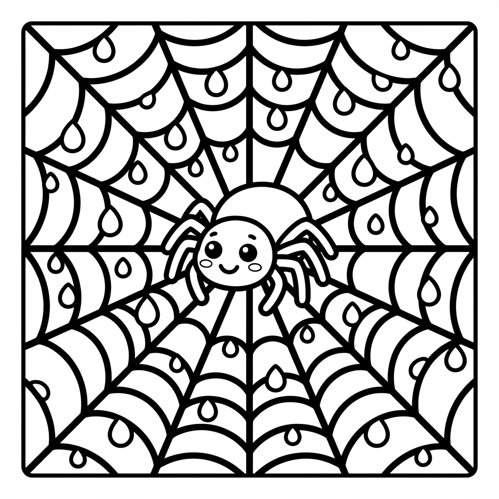 A cute kawaii spider with big sparkling eyes and rosy cheeks sitting in the center of a large woven spiderweb, decorated with hanging water droplets.