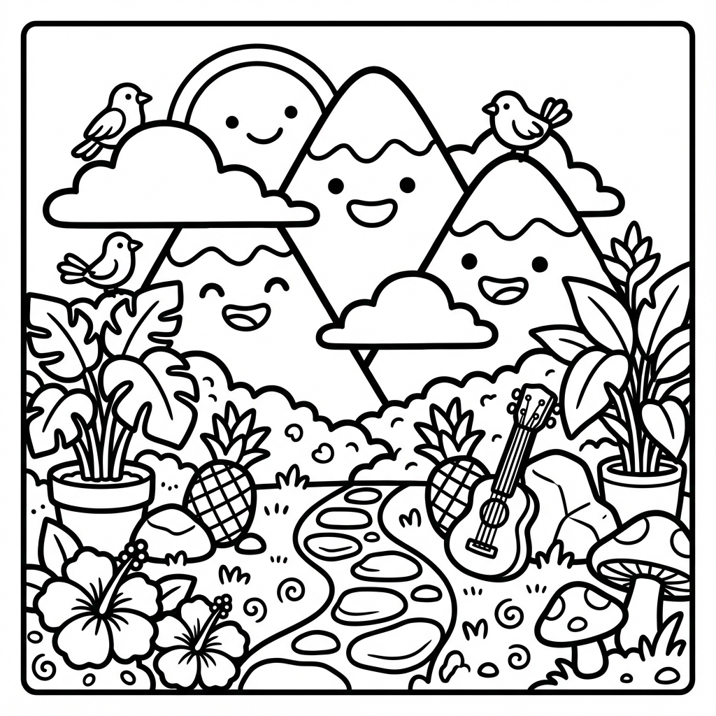Three large mountains with happy faces, topped with clouds and perched birds, along with pineapples, an acoustic guitar, a path, and flowers.