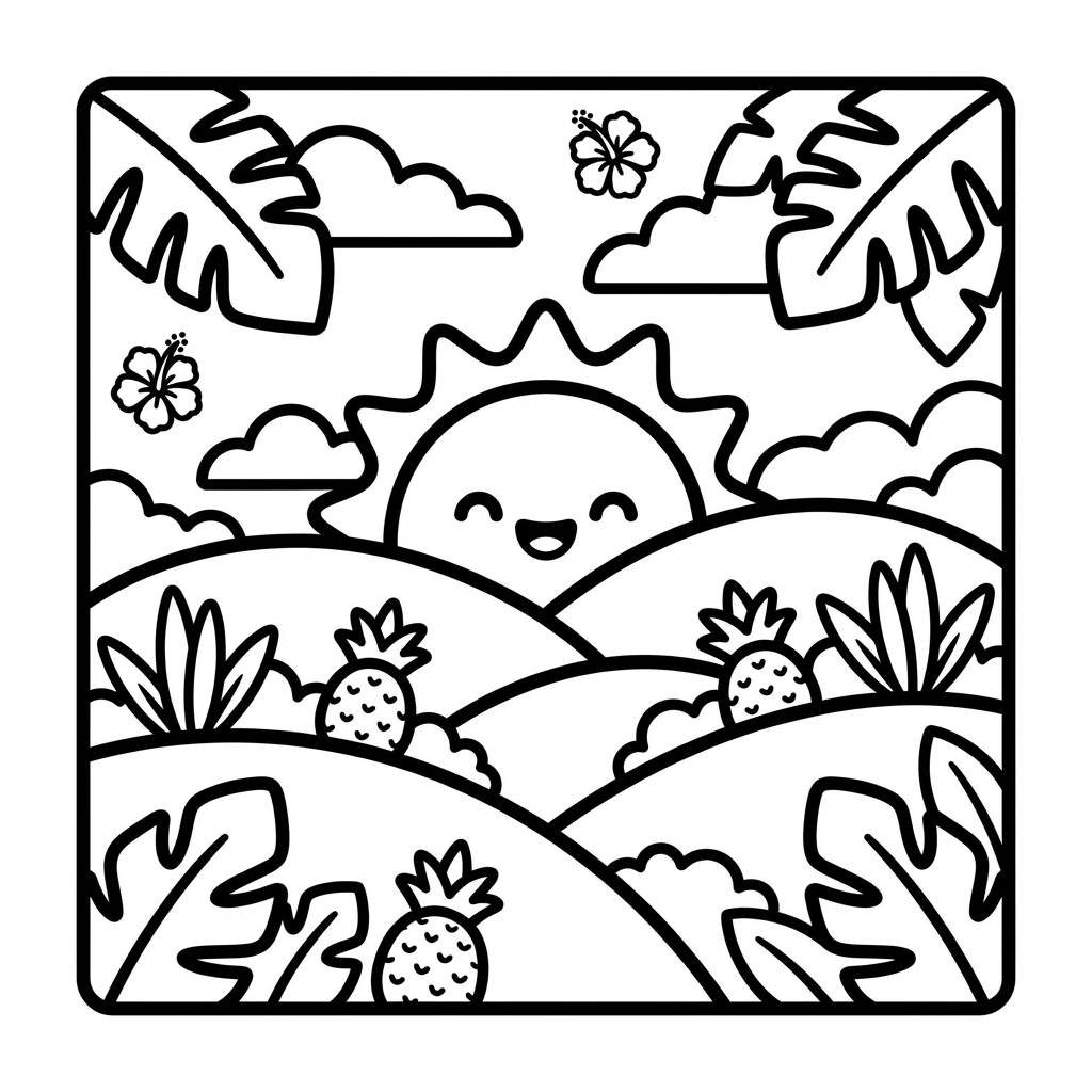 A cute smiling sun peeking over rolling hills, with three pineapples planted on the slopes, surrounded by clouds, flowers, and large tropical leaves.