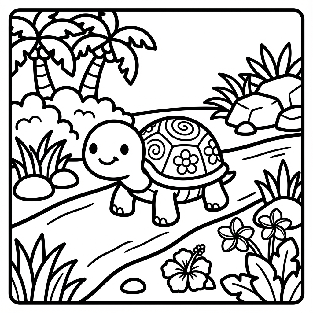 A cute cartoon turtle with a patterned shell featuring flowers and swirls, smiling happily while walking along a path surrounded by palm trees and rocks.