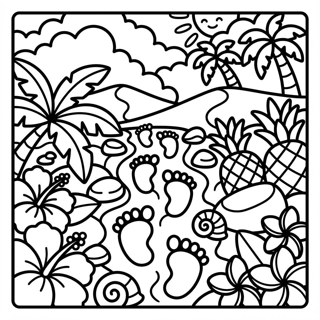 Human footprints trailing across the sand on a tropical beach, surrounded by a smiling sun, palm trees, hibiscus, pineapples, and seashells.